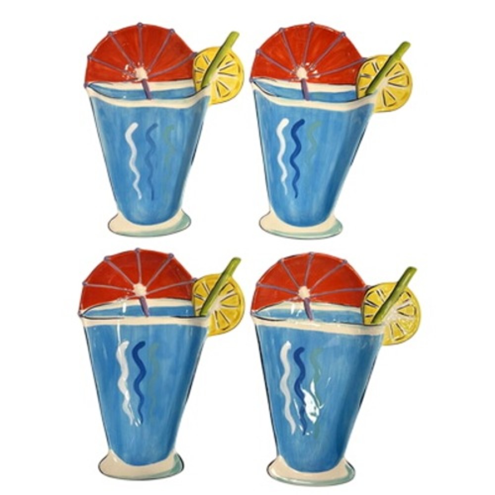 4 Clay Art Hand Painted Dishes Summer‎ Umbrella Drink Lemon Straw Blue Red
